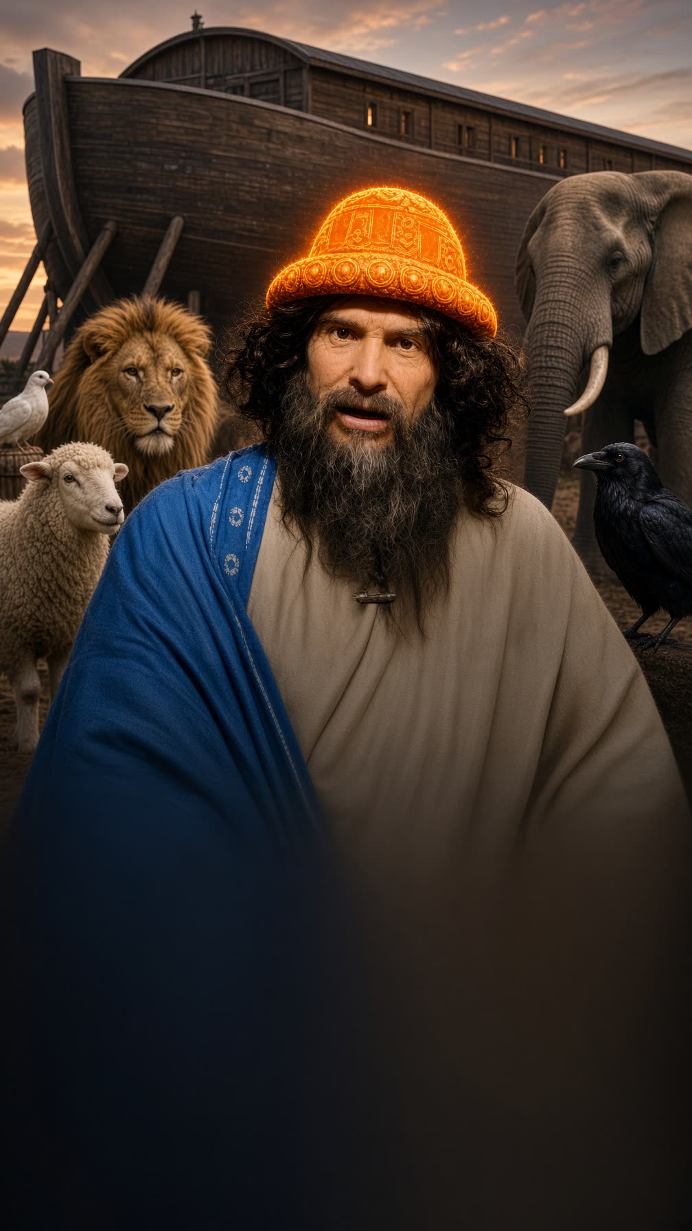 Noah in the orange patterned cap and blue robe, on the scaffolding of a wooden ark at dusk.